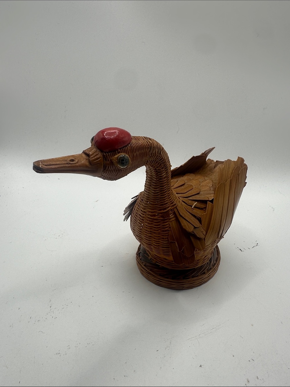 Handcrafted Brown Wicker Duck Bird Figurine with Red Accent